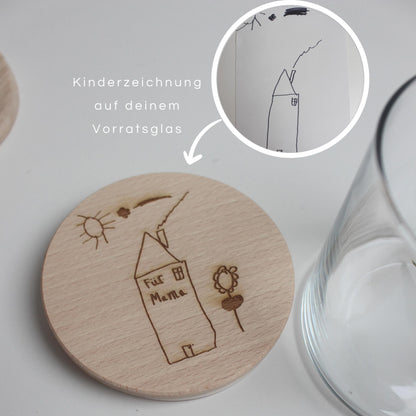 Vorratsglas mit Holzdeckel personalisiert mit Kinderzeichnung